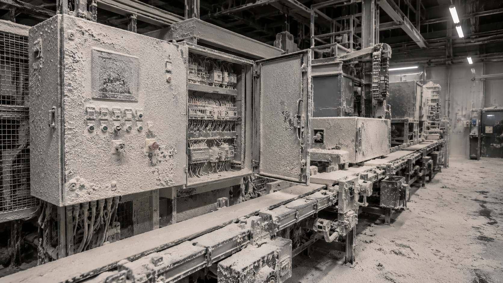Elektrische Schaltschränke im Bauumfeld mit Zementstaub nach Trockeneisreinigung durch CRYOSTRAL