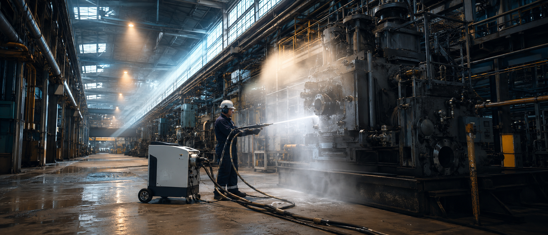CRYOSTRAL Trockeneisstrahlen in einer großen Industriehalle