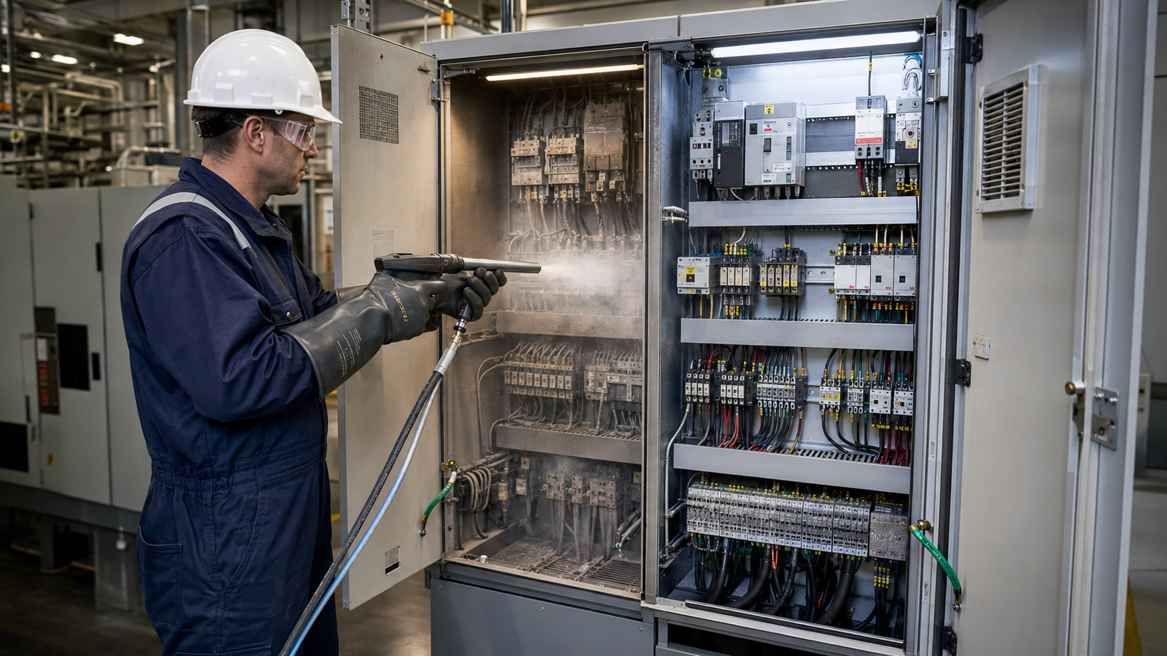 Trockeneisstrahlen eines elektrischen Schaltschranks durch CRYOSTRAL