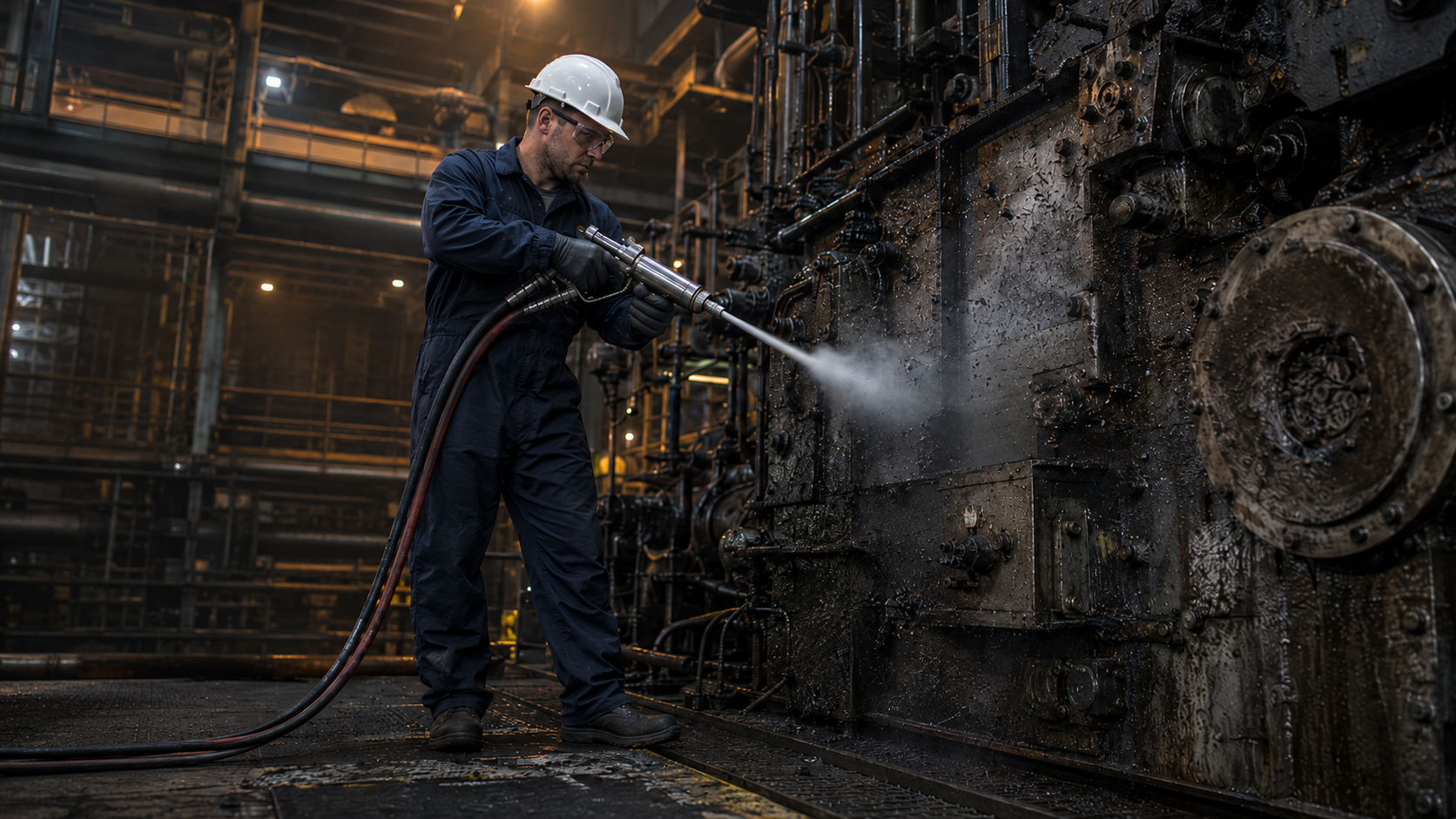 Industrial dry ice cleaning by CRYOSTRAL technician in action