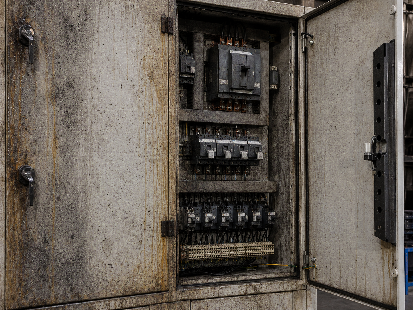 Control cabinet with corrosion before dry ice cleaning by CRYOSTRAL