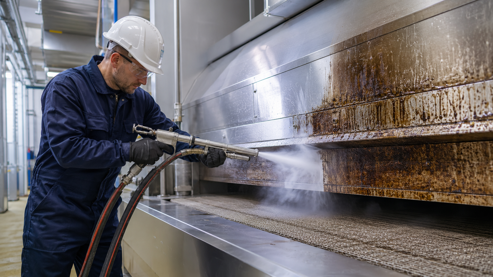 Nettoyage à la glace carbonique d'un convoyeur alimentaire